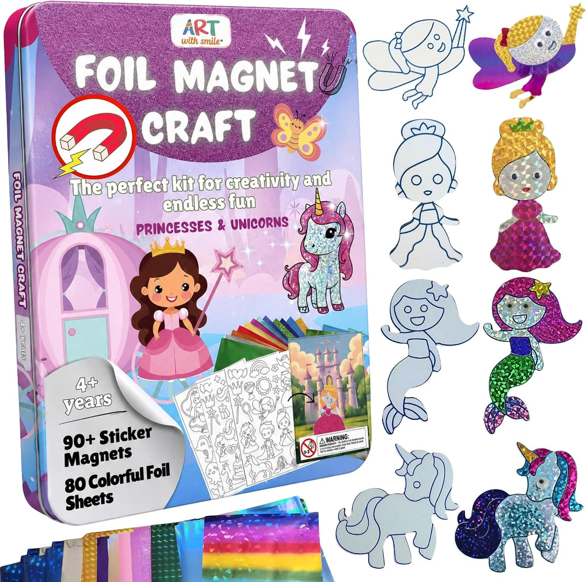 Kit de Arte en Foil Princess & Unicorn para Niñas - Caja Metálica Magnética con Imanes de Foil, Manualidad Reutilizable y Sin Desorden para Viajes, Kit DIY de Artes y Manualidades para Niñas de 4-8 y 8-12 años