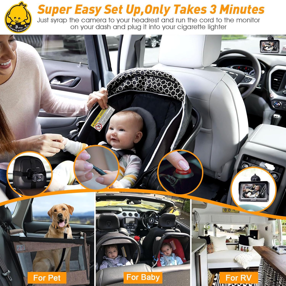 DoHonest Cámara de Coche para Bebé HD 1080P - Monitor para