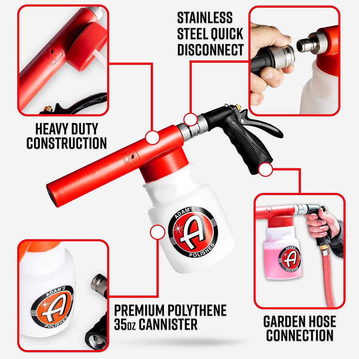 Adam's Polishes Pistola de espuma para lavado de coches: se conecta a la manguera de jardín para lavado de autos, no requiere lavadora a presión, utiliza pistola de espuma de nieve con jabón, champú o
