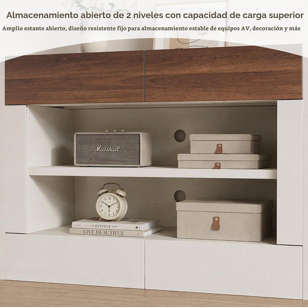 Moderno soporte de TV de 70 pulgadas para televisores de hasta 80 pulgadas, centro de entretenimiento con 2 cajones y 2 armarios laterales, consola multimedia con estantes de almacenamiento