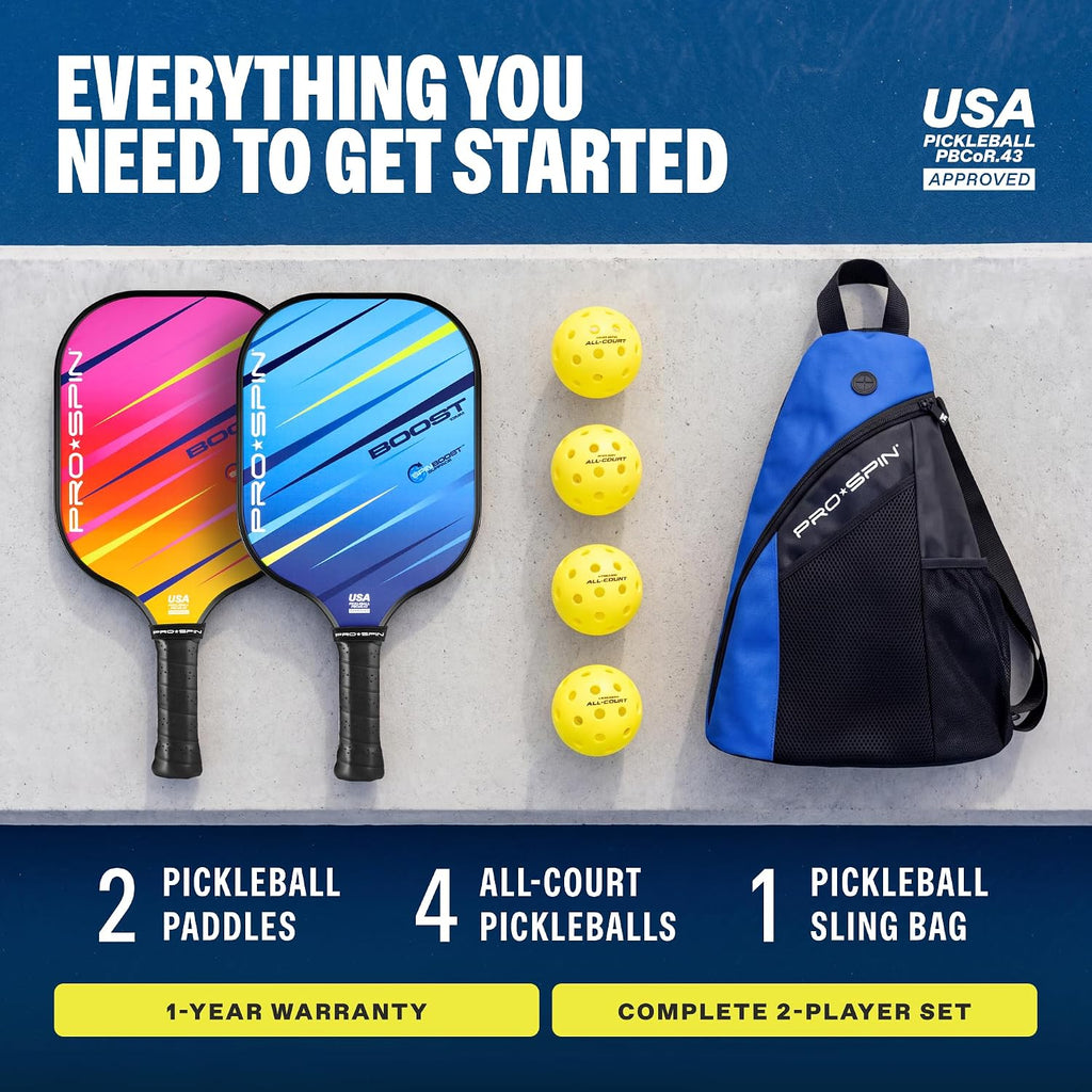 PRO-SPIN BOOST Paletas de Pickleball (Set de 2 o 4) con Pelotas para Todas las Superficies y Bolsa