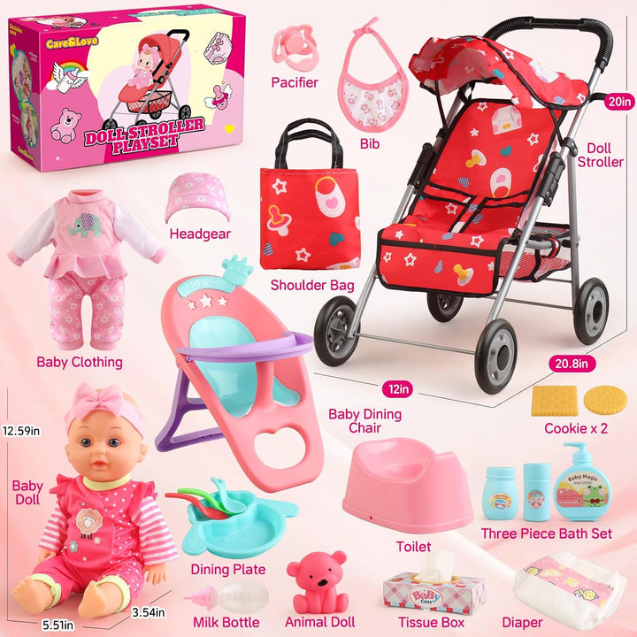 Juego de cochecito de muñeca de bebé, una muñeca de bebé de 12.5 pu...
