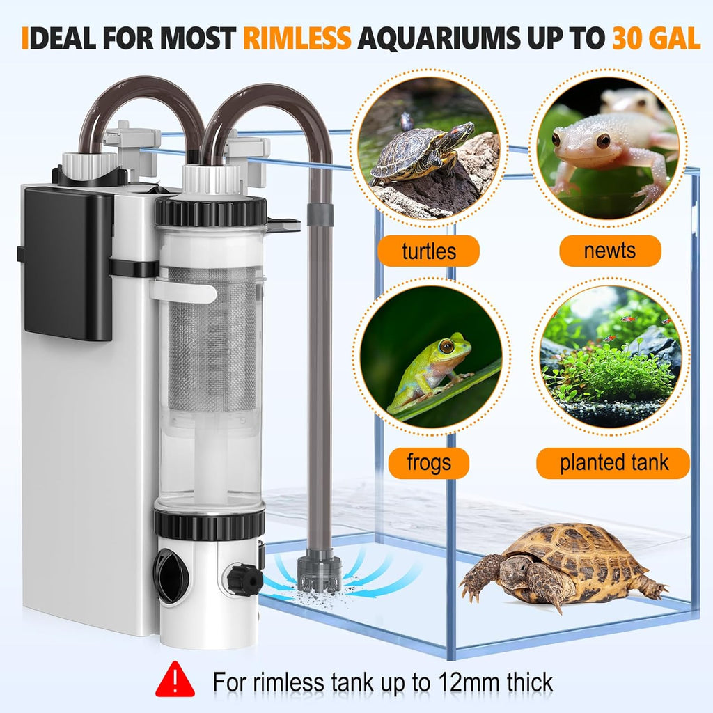 hygger Filtro de acuario silencioso para colgar en la parte posterior, filtro de tanque de peces pequeño de 5 a 30 galones con barra rociadora de superficie, 3 almohadillas de hilo dental, flujo ajustable, fácil cambio de agua 132 GPH