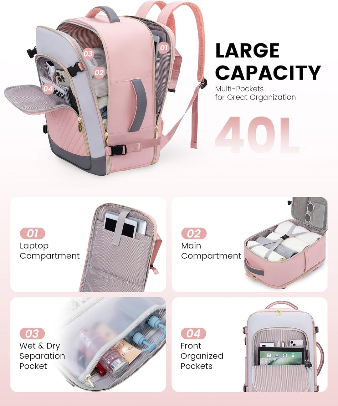 LOVEVOOK Mochila de viaje grande, mochila de mano para aviones, Moda