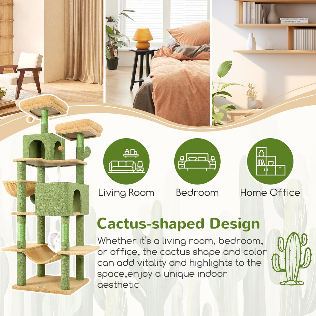 Globlazer - Torre para gato con forma de cactus de 76 pulgadas extra alta con varios niveles, muebles para gatos con condominios acogedores, juguetes interactivos y perchas para gatos grandes