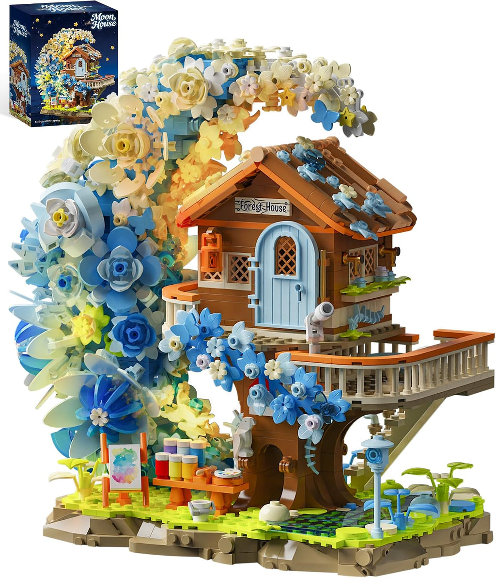 Blue Moon - Juego de construcción de casa de flores con luz, colección botánica, kit de bloques de construcción de casa del árbol, compatible con Lego para decoración del hogar de adultos