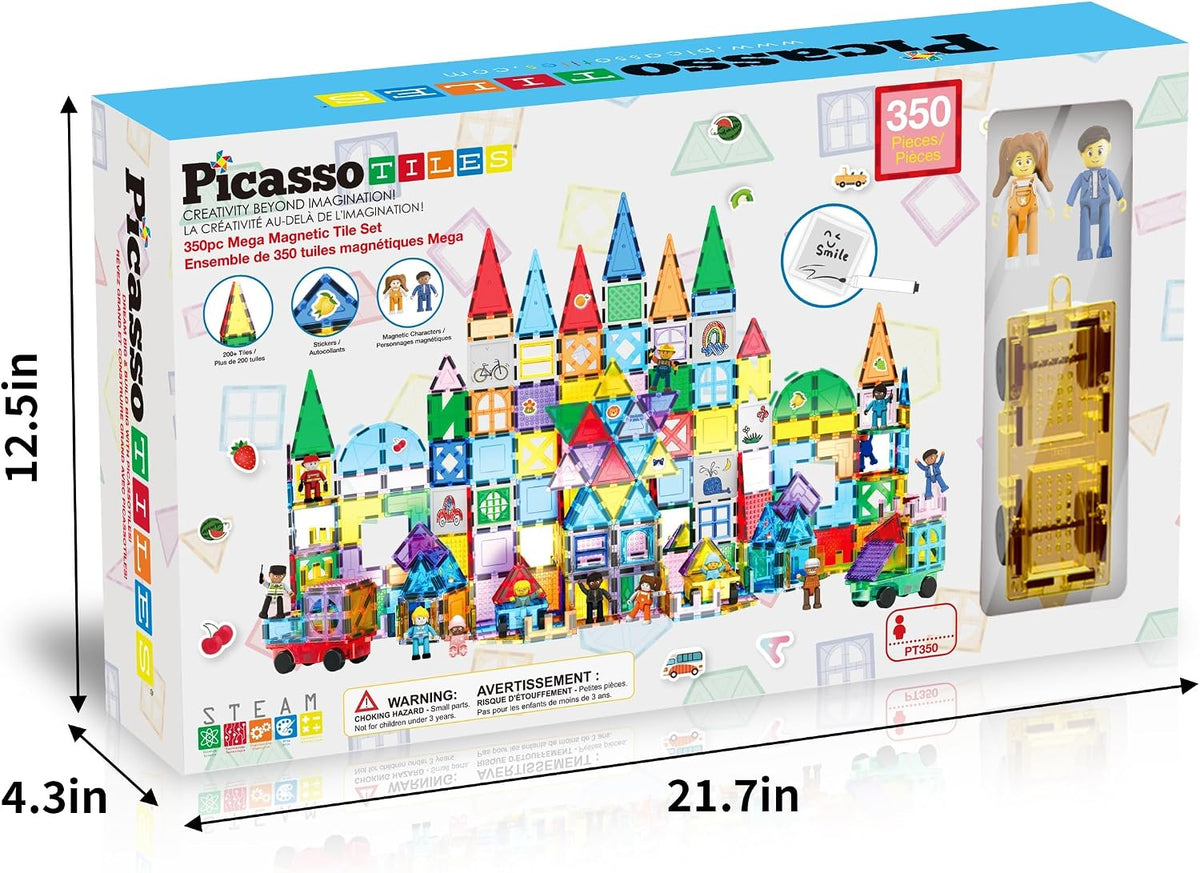 PicassoTiles Bloque de construcción magnético mega juego de 350 piezas de bloques de construcción de azulejos magnéticos con base de automóvil, figuras de personajes, marcadores, pizarra blanca, libro de ideas de más de 110 páginas incluido para