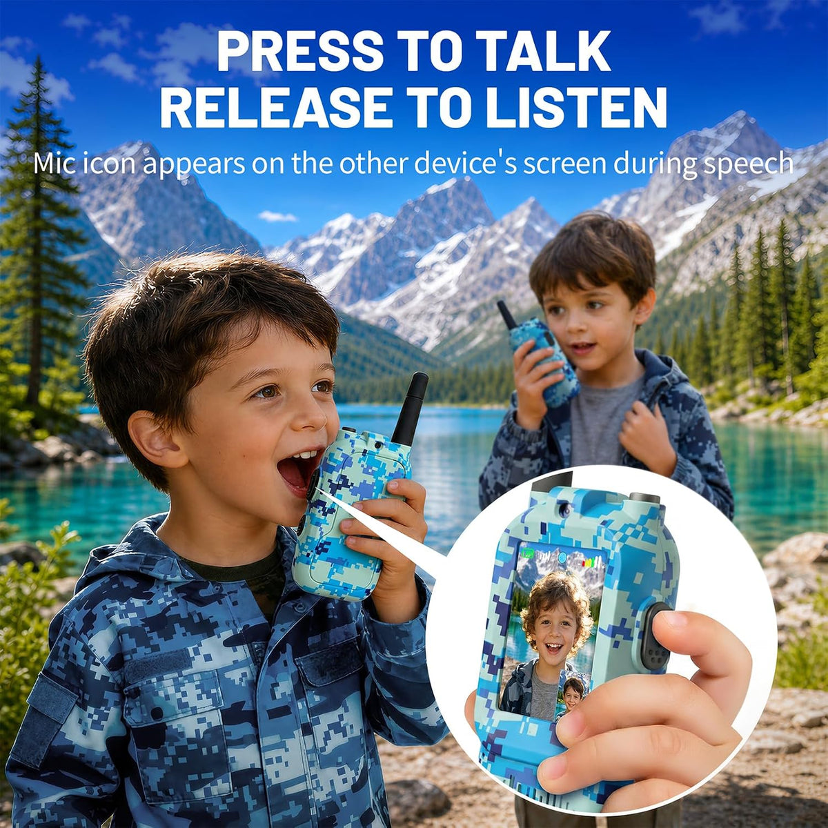 Walkie Talkie para niños con video: paquete de 2 juguetes recargables para niños pequeños con cámara HD y cambiador de voz, juguetes de regalo de largo alcance para niños y niñas de 3 a 8 años para