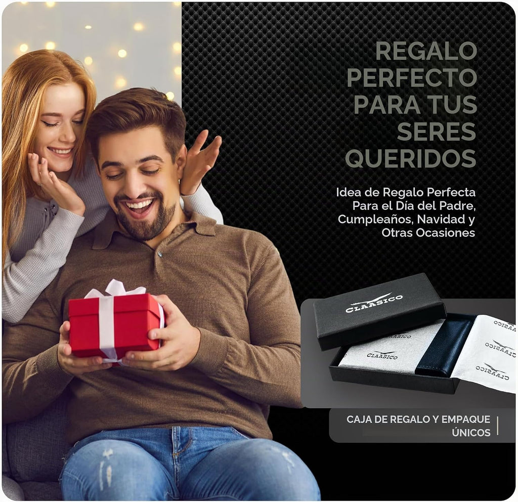 Cartera plegable de cuero para hombre con bloqueo RFID y ventana