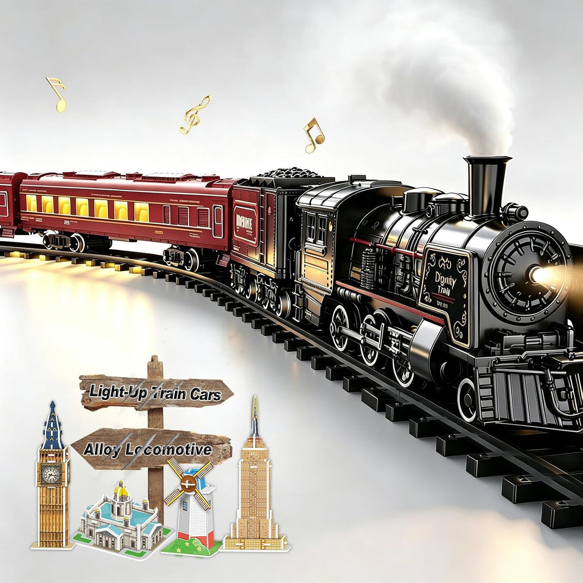 Juegos de trenes eléctricos para niños y niñas, aleación de metal, juguetes de trenes de Navidad, locomotora de vapor, vagones de pasajeros, pistas, luz y sonidos, regalos de cumpleaños recargables para niños de 3, 4, 5, 6, 7, 8 + años, color rojo