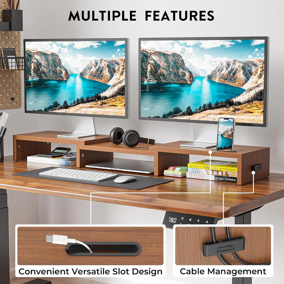 BONTEC Soporte Dual para Monitor Regulable en Longitud y Ángulo de Giro, Nogal