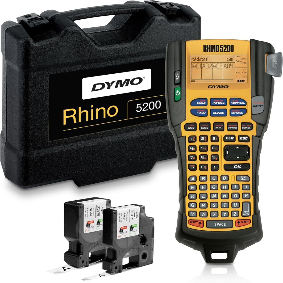 DYMO Etiquetadora Industrial y Estuche de Transporte RhinoPRO 5200 Etiquetadora, para Sitios de Trabajo y Trabajos de Etiquetado de Alta Resistencia, Imprime Rápido, Incluye 2 Rollos de Etiquetas de