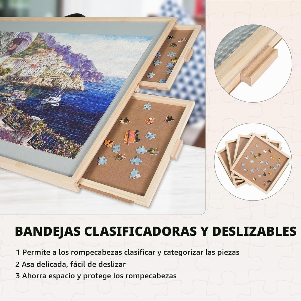 ALL4JIG 1500 piezas 2 en 1 tabla de rompecabezas inclinable y giratoria para adultos, mesa de rompecabezas de madera de 24.53 x 33.19 pulgadas con 4 cajones, tablero portátil con Lazy Susan y cubierta, con un caballete de mesa de inclinación estilo caball