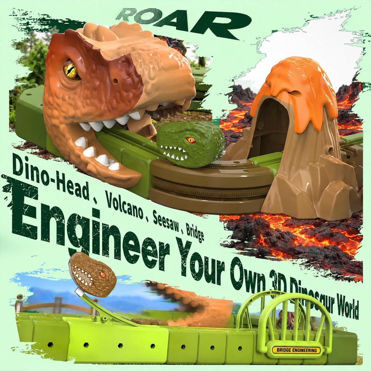 Juego de tren de dinosaurio eléctrico de 133 piezas, pista de carreras de