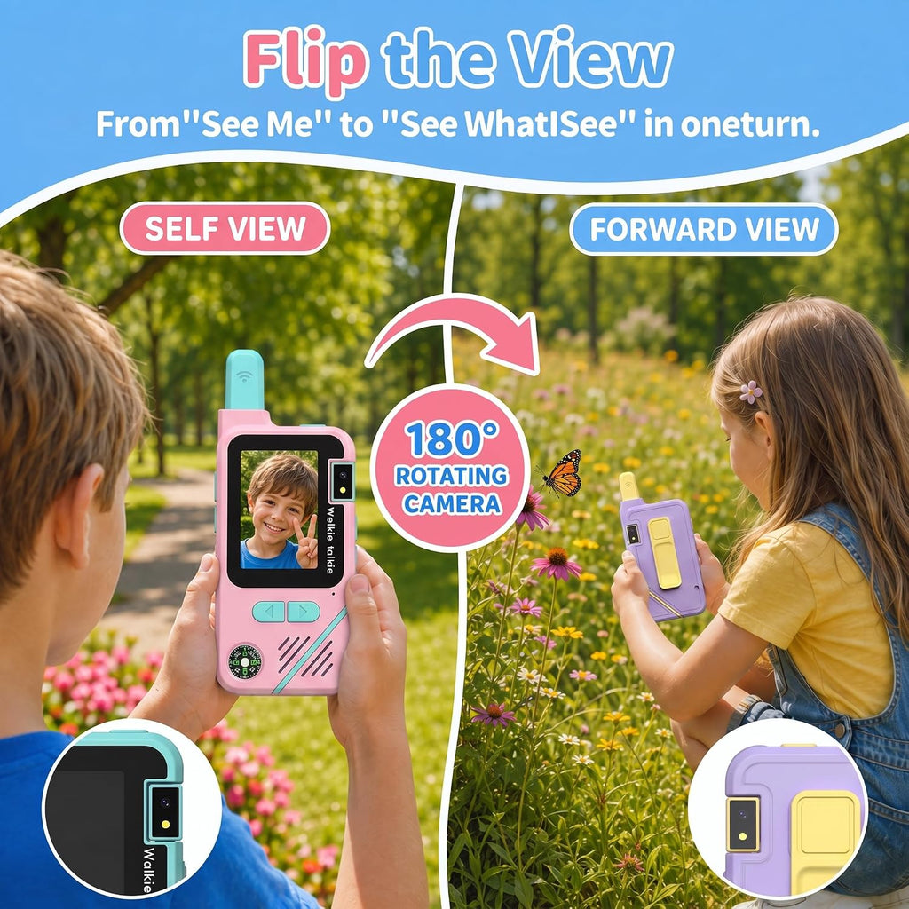KJAI Walkie Talkies de video para niños, paquete de 2 con cámara giratoria de 180°, cambiador de voz, 10 divertidos efectos adhesivos, clip y cordón, juguetes al aire libre y regalos de cumpleaños