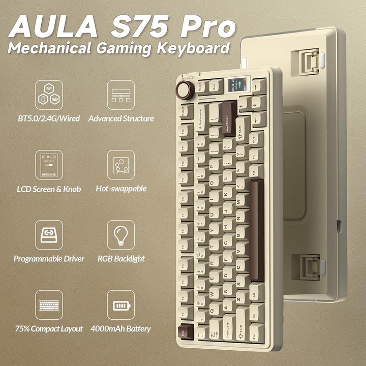 AULA Teclado mecánico inalámbrico S75 PRO con pantalla y perilla, 7...