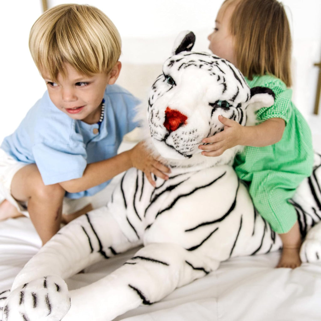 Tigre de peluche Melissa & Doug gigante (más de 5 pies de largo), tigre siberiano blanco, realista