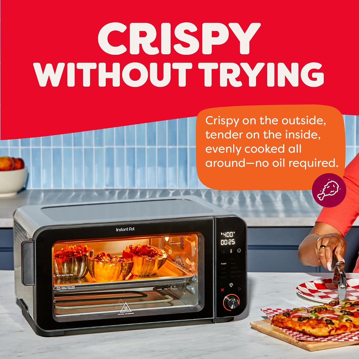 Instant Pot No requiere precalentamiento* Horno tostador con freidora de aire de 6 rebanadas con tecnología InstantHeat, 10 en 1, freír al aire, asar, hornear, sellar crujiente, tostar, bagel, asar