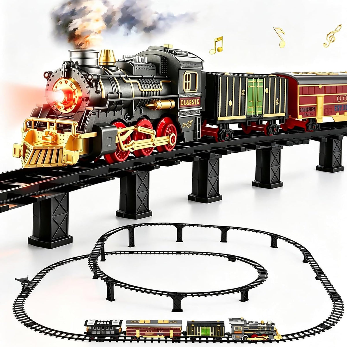 Juegos de tren eléctrico para niños, juguetes de tren de Navidad, locomotora de vapor, vagones de pasajeros, pista de lujo de 2 capas con luces y sonidos (encendido/silencioso/apagado), regalos de cumpleaños para niños y niñas