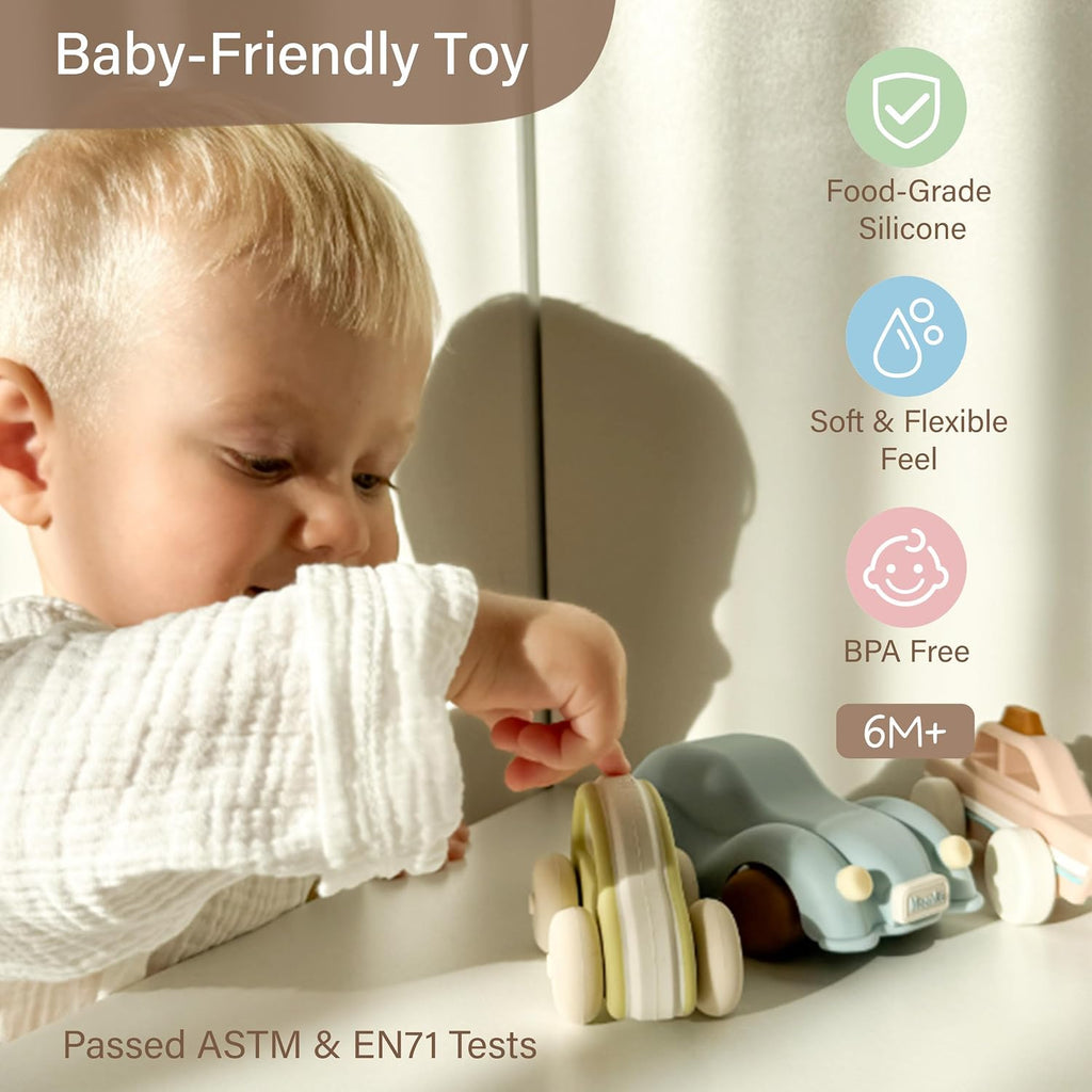 Moonkie - Autos de juguete de silicona de grado alimenticio para bebés y niños pequeños, juguetes para bebés de 6 a 12 meses, juguetes para bebés de diseño hueco, regalos de cumpleaños para niños y