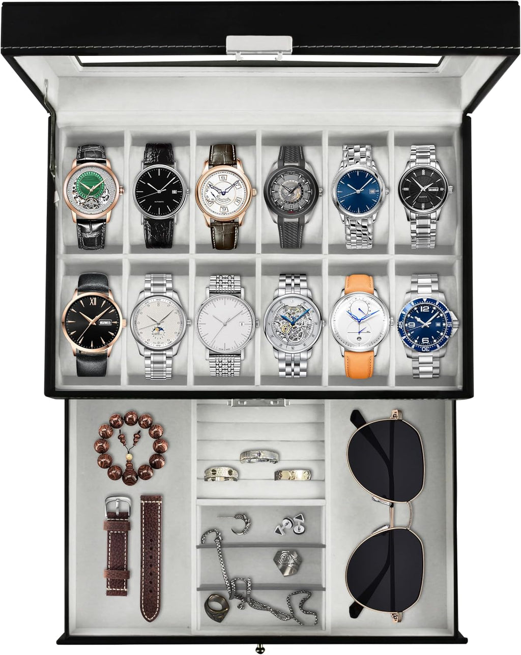 Ogrmar Cajas de almacenamiento de relojes con 12 ranuras de cuero PU con cerradura, cajón de exhibición de joyería para hombres y mujeres, organizador de 2 niveles con vitrina de reloj y tapa de
