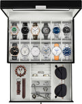 Ogrmar Cajas de almacenamiento de relojes con 12 ranuras de cuero PU con cerradura, cajón de exhibición de joyería para hombres y mujeres, organizador de 2 niveles con vitrina de reloj y tapa de