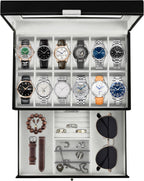 Ogrmar Cajas de almacenamiento de relojes con 12 ranuras de cuero PU con cerradura, cajón de exhibición de joyería para hombres y mujeres, organizador de 2 niveles con vitrina de reloj y tapa de