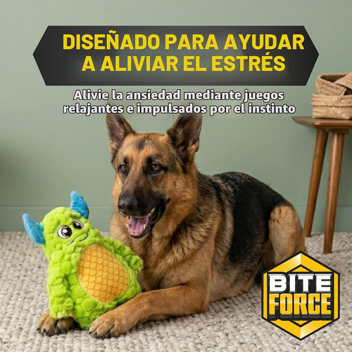 Juguete para perros Bite Force - Juguete de felpa grande, duradero y fuerte en color verde monstruo, reforzado con Kevlar para masticadores agresivos