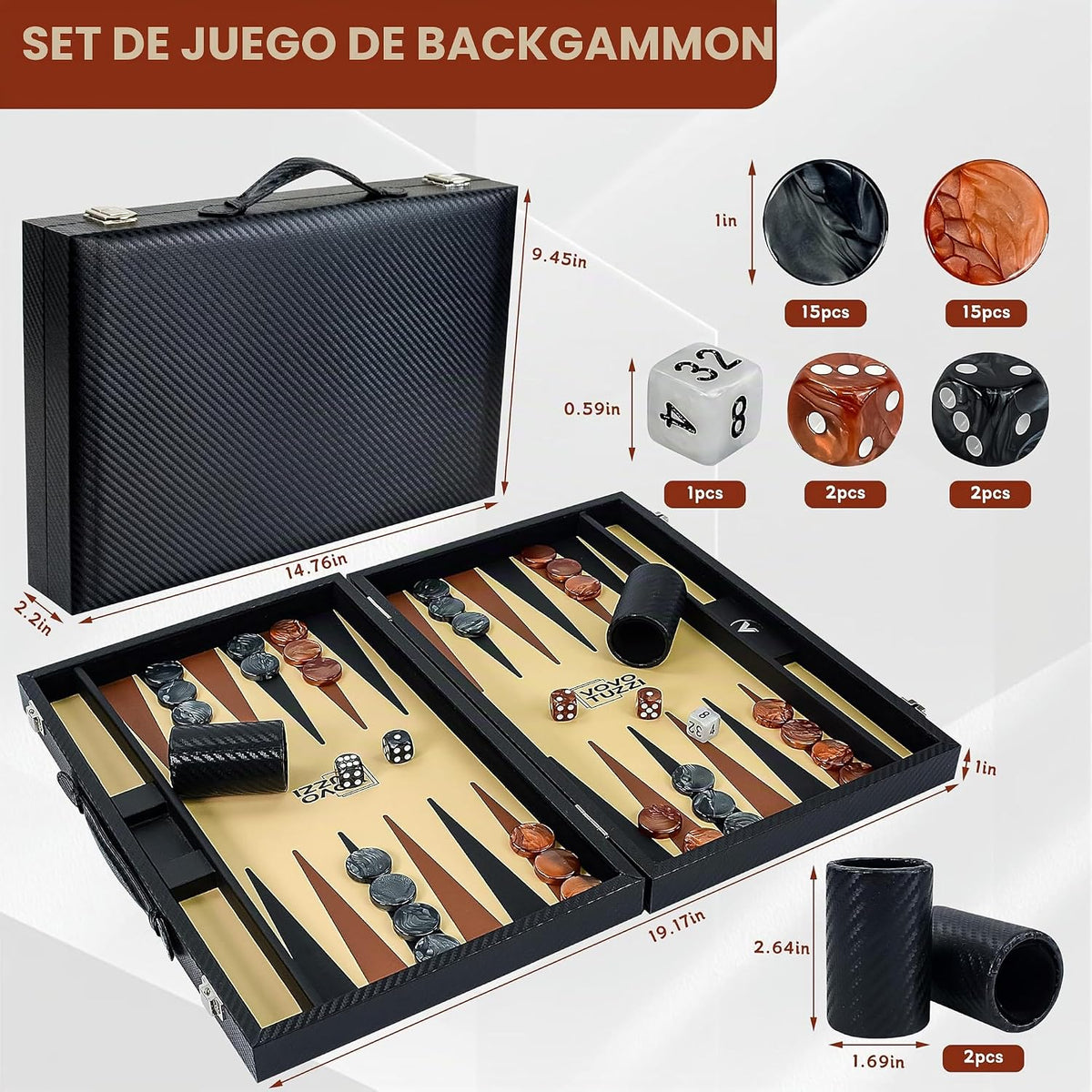 Juego de backgammon de 15 pulgadas para adultos, de fibra de carbono de alta calidad, de piel sintética, plegable, juego de mesa clásico de viaje portátil para fiestas familiares, entretenimiento al aire libre