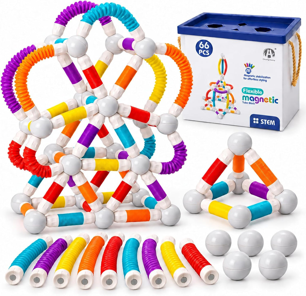 ROUSKY Juego de construcción de bloques de construcción magnéticos, 66 piezas, juguete educativo STEM con tubos flexibles y conectores (66 piezas)