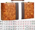 Juego de mahjong americano premium con funda de piel sintética de lujo marrón, 166 azulejos blancos, incluye fichas y dados, juego de azulejos Mahjong portátil de viaje completo