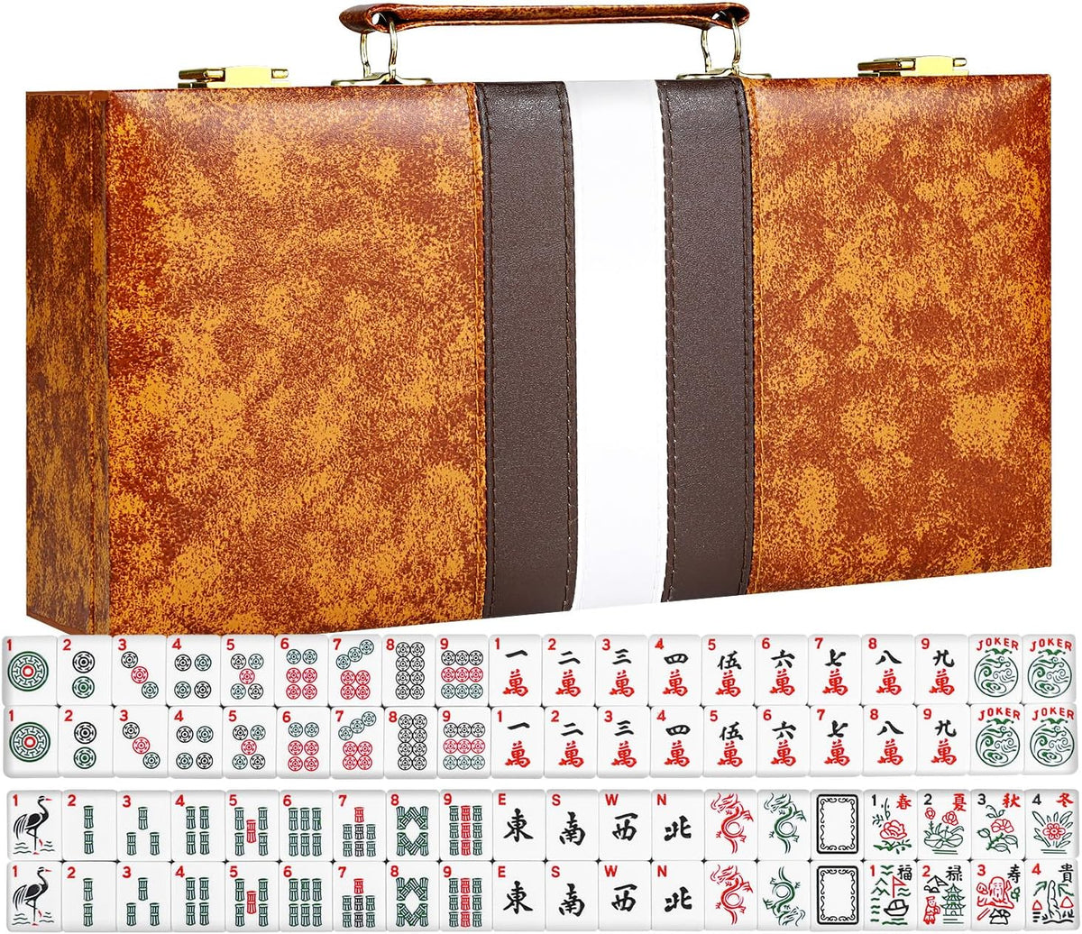 Juego de mahjong americano premium con funda de piel sintética de lujo marrón, 166 azulejos blancos, incluye fichas y dados, juego de azulejos Mahjong portátil de viaje completo