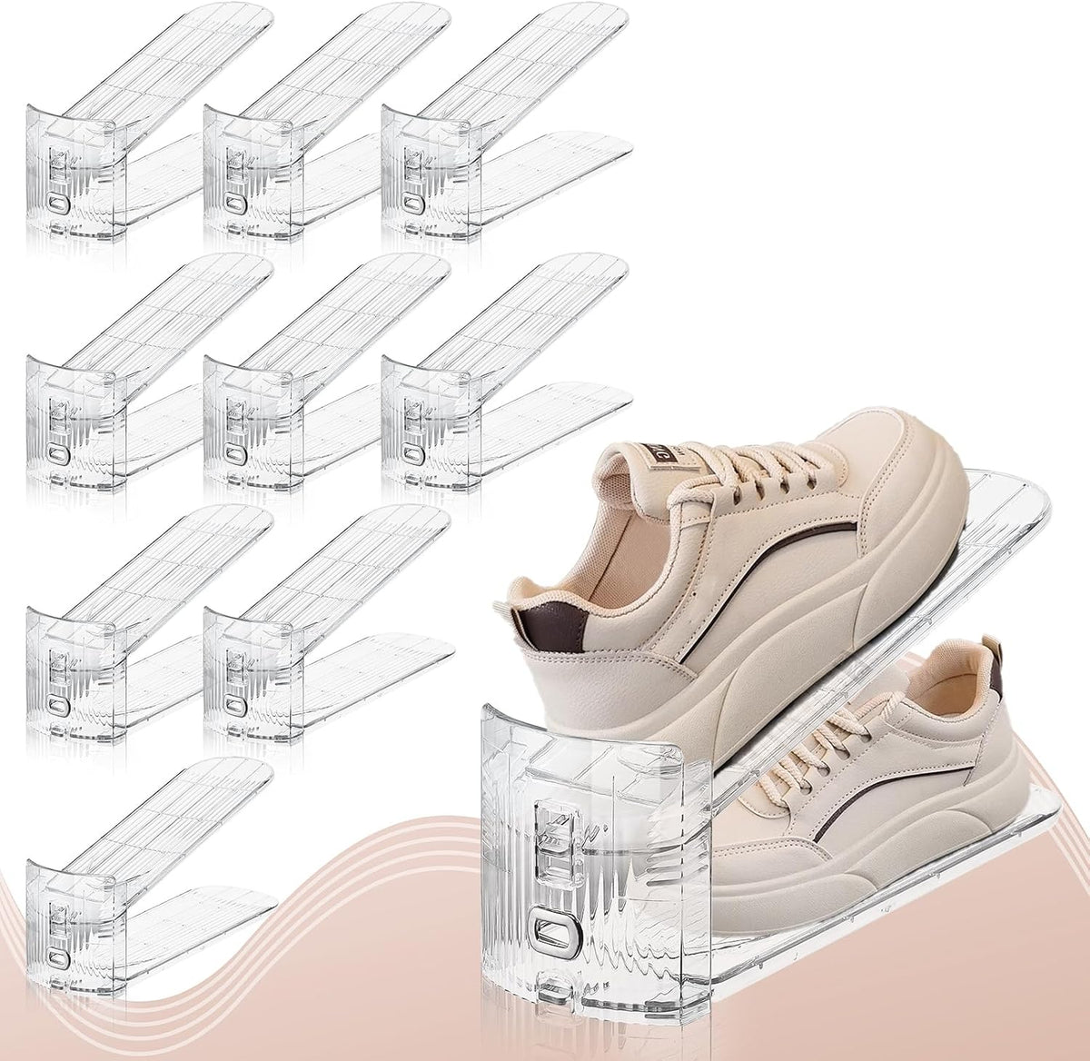 Paquete de 10 apiladores de zapatos transparentes, organizador de ranuras para zapatos para armario, exhibición de zapatos, ahorro de espacio, soporte organizador ajustable para zapatos de tacón alto, tenis (transparente)