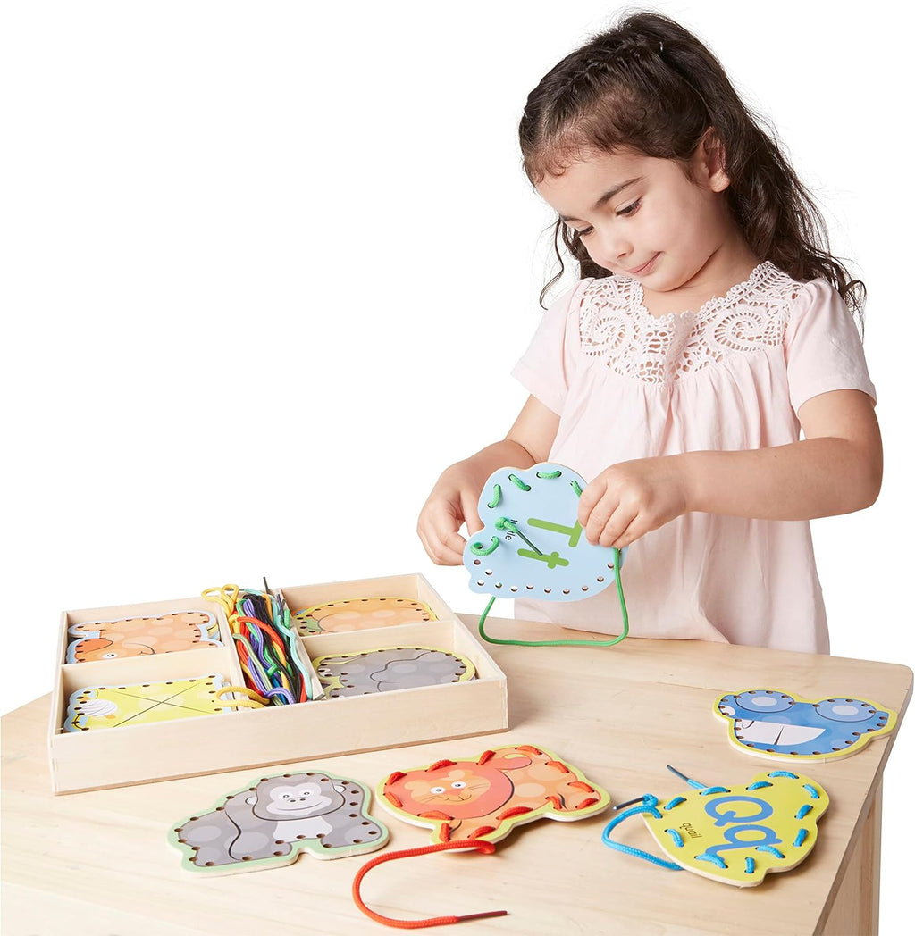 Melissa & Doug. Juego de tarjetas de madera con paneles de doble cara y cordones a juego