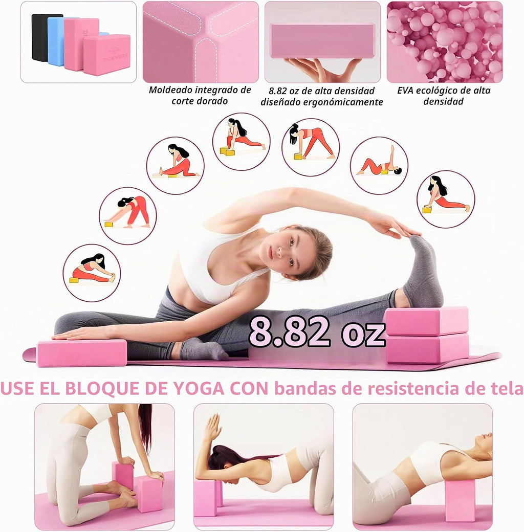Alfombrilla de yoga gruesa, 6 bandas de resistencia de tela, paquete de 2 bloques de yoga, equipo de entrenamiento en casa, kit básico de inicio para principiantes de tonificación de cuerpo