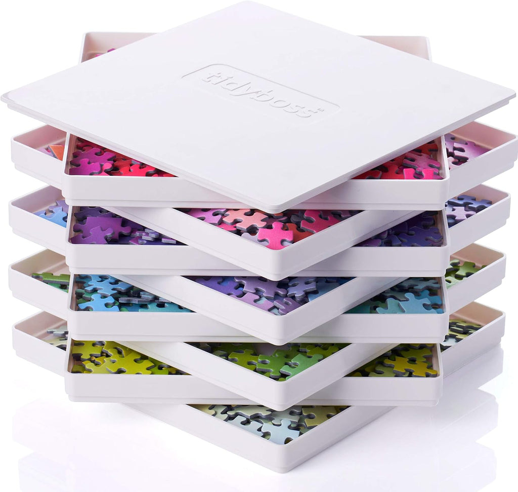 8 bandejas de clasificación de rompecabezas con tapa de 8 x 8 pulgadas, accesorios portátiles para rompecabezas con fondo blanco que hacen que las piezas destaquen para ordenar mejor patrones