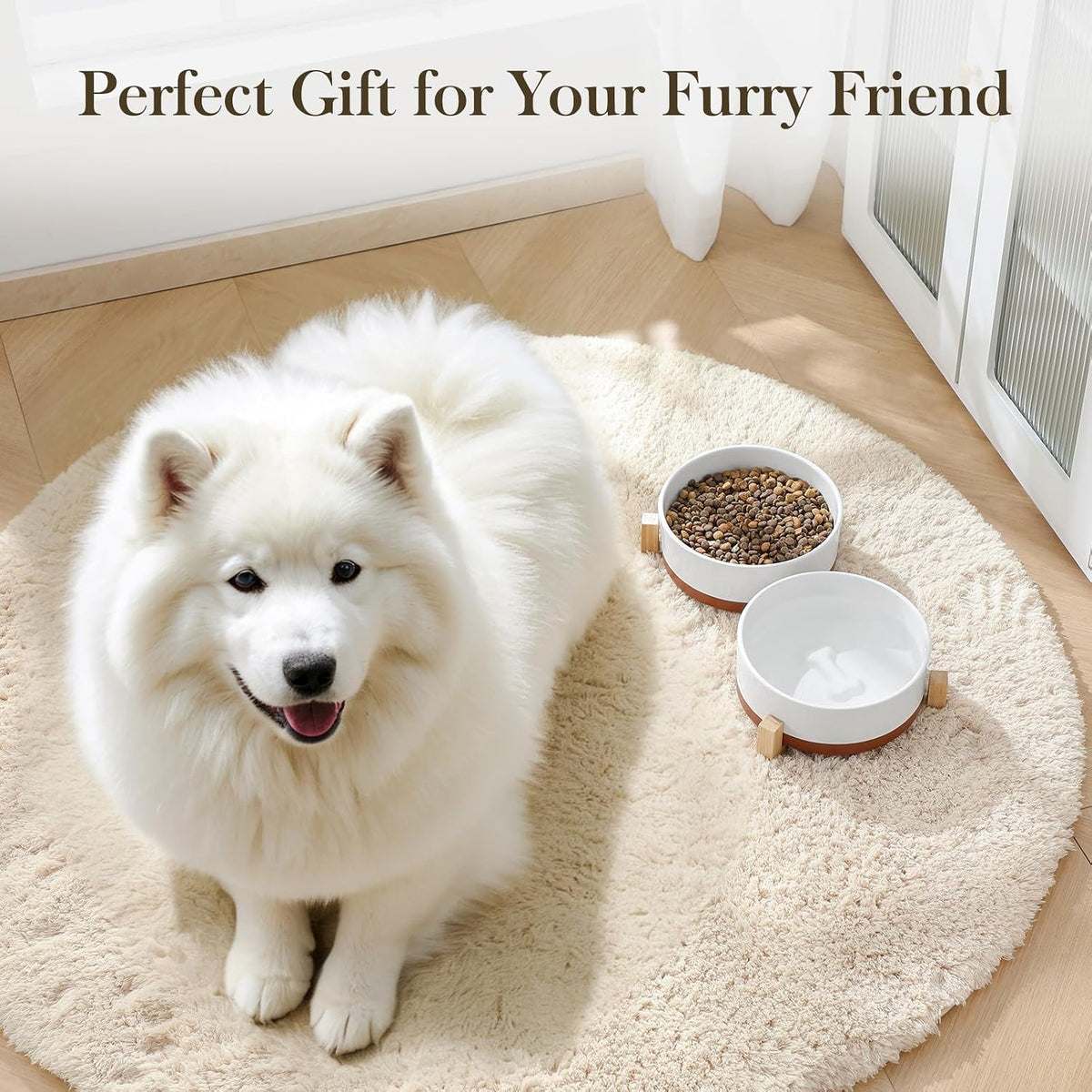 MALACASA Juego de cuencos para perros con soporte de madera, 6 tazas para alimentos y agua para perros de tamaño mediano a grande, cuencos de cerámica para mascotas con base antideslizante pesada, cuencos básicos para tu perro, 58 onzas