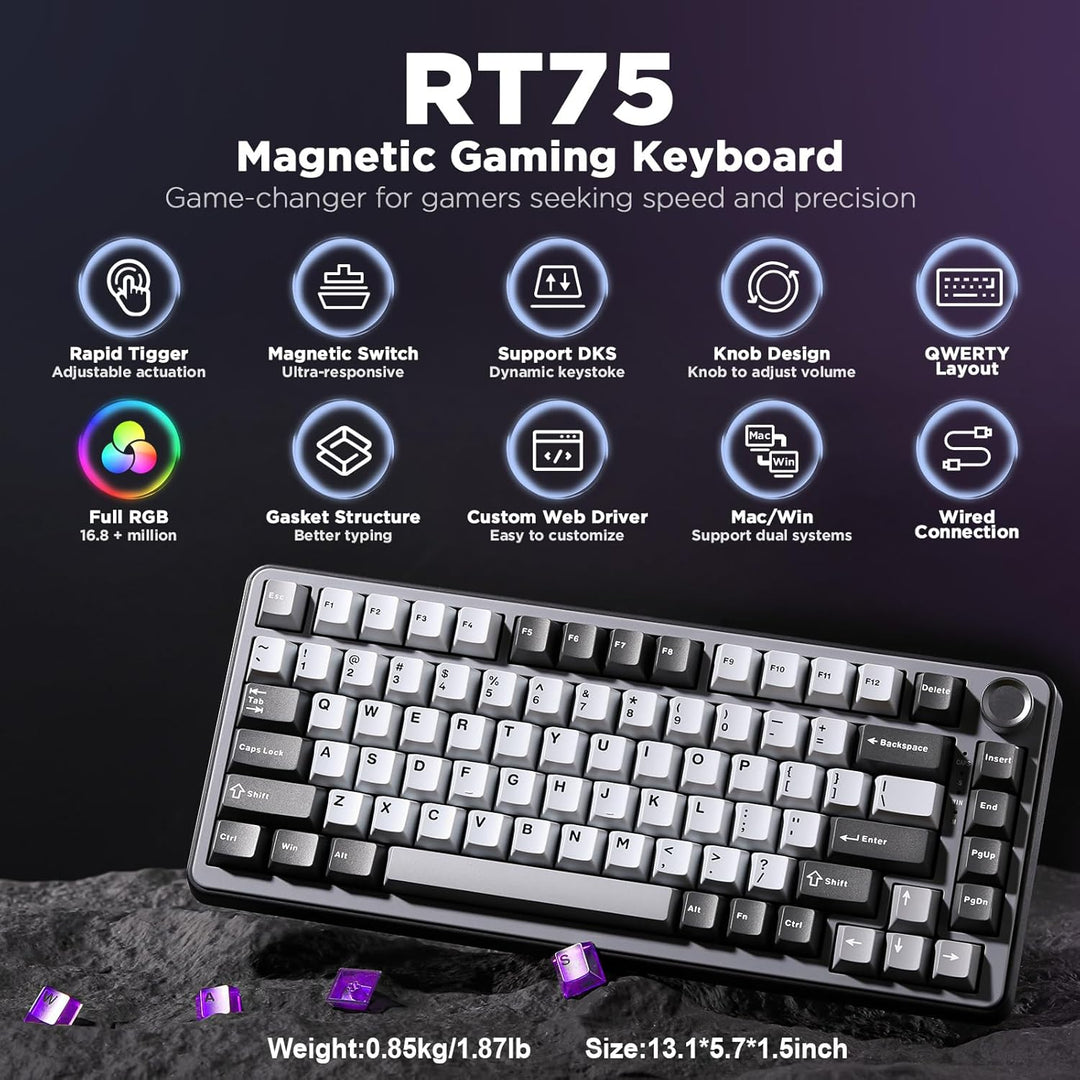 YUNZII RT75 Teclado de juegos con cable de disparo rápido, interrup...