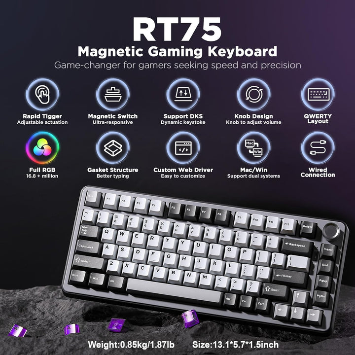 YUNZII RT75 Teclado de juegos con cable de disparo rápido, interrup...