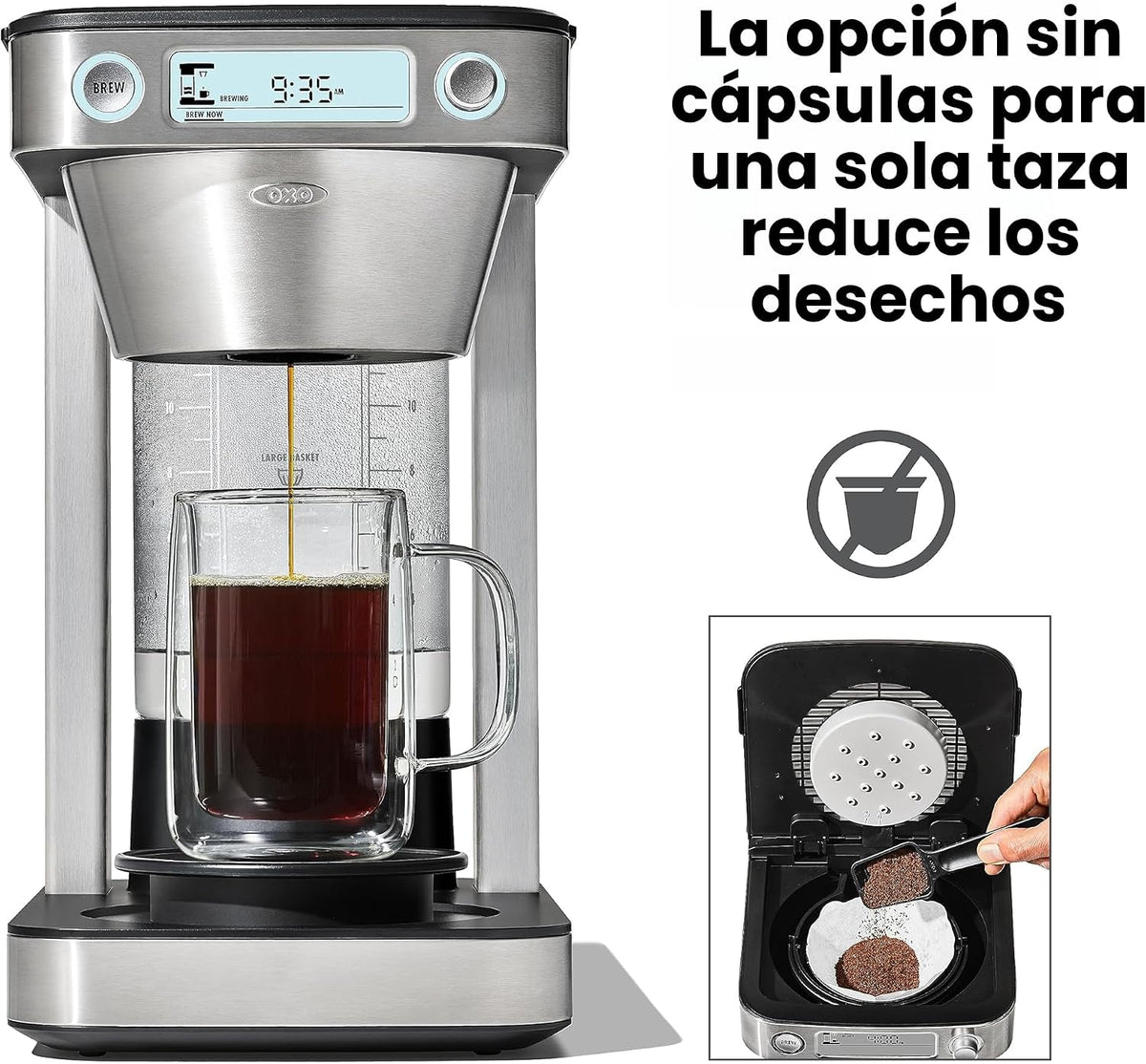 Cafetera de café OXO Brew de 12 tazas con función de porción única sin cápsula, plateada