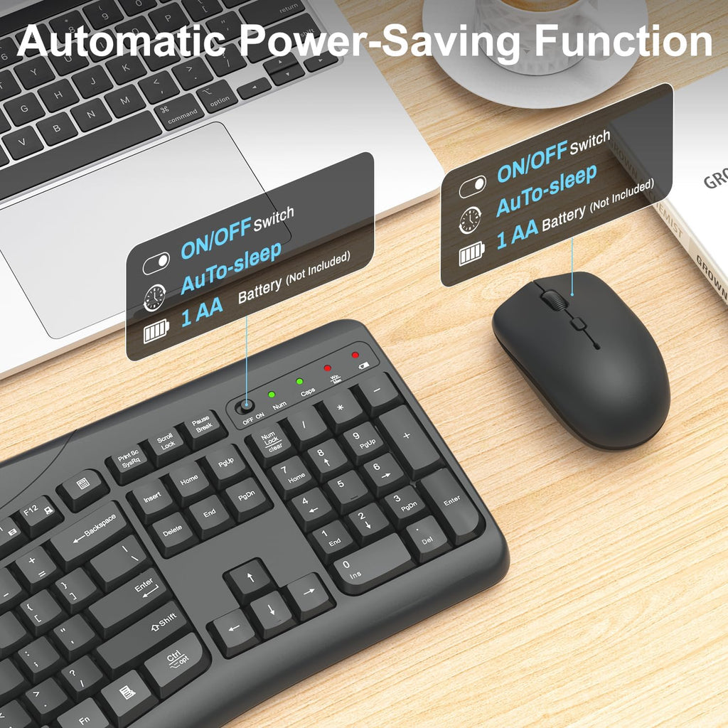 Teclado y Ratón Inalámbricos Combo, Teclas Curvadas Ergonómicas y Silenciosas (Gris Grafito)