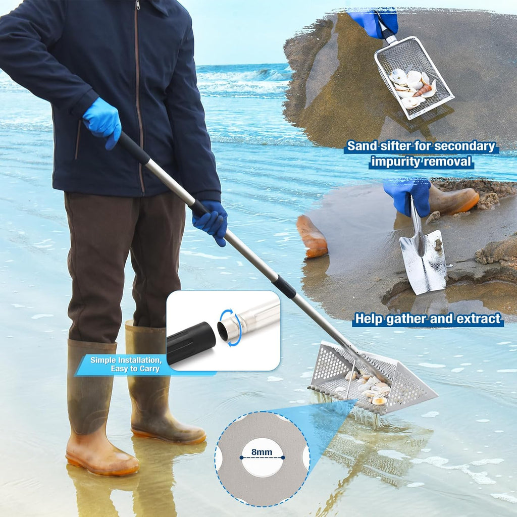Rastrillo para pulgas de arena, tamiz de arena de mango largo para la playa, tamiz de dientes de tiburón de acero inoxidable viene con una pantalla de malla de 16 pulgadas de ancho para recoger pulgas