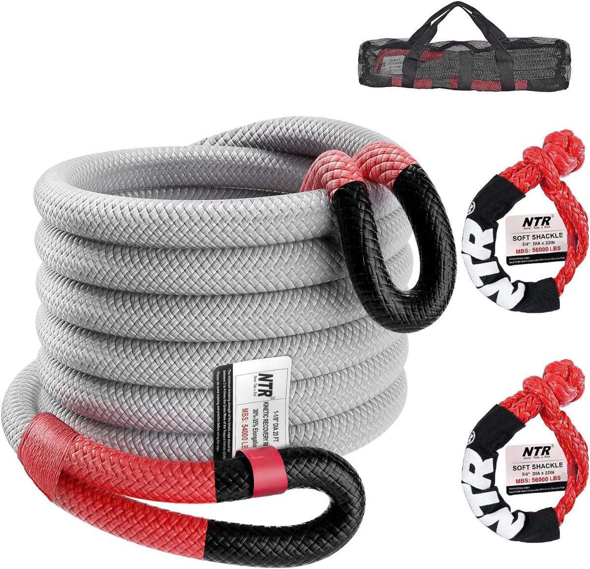 Cuerda de remolque de recuperación cinética de 1-1/4 pulgadas x 30 pies (54,000 libras), con 2 grilletes suaves UHMWPE (56,000 libras), correa de arranque todoterreno resistente, kit de