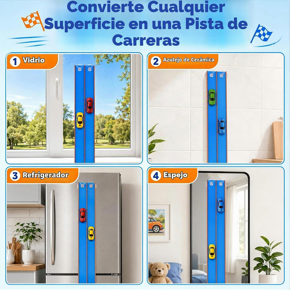Pistas flexibles de 15 pies de pista de carreras flexibles para niños, juego de pista de auto de bricolaje con autos de rebote 1/64, pistas de carreras enrollables portátiles con ventosas fuertes