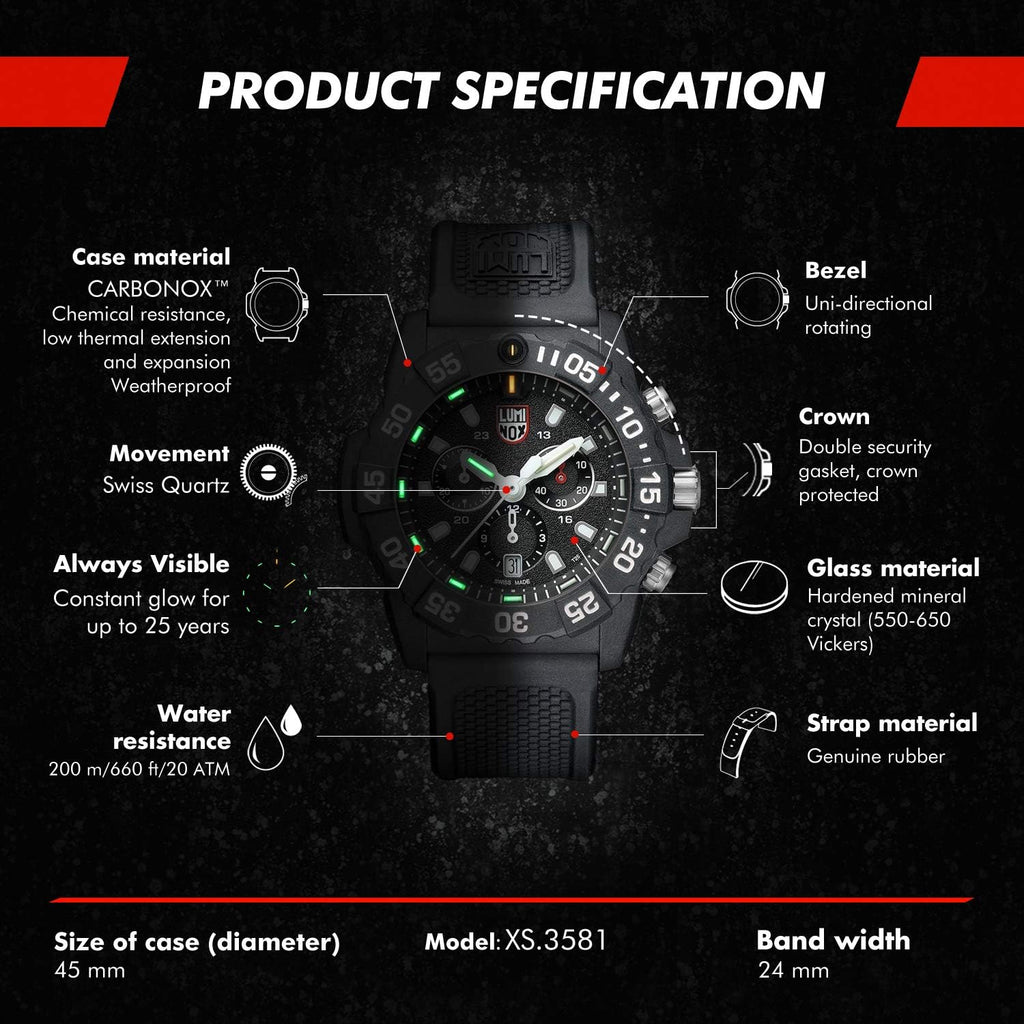 Luminox Navy Seal Cronógrafo Reloj para hombre 1.772 in Serie 3580/3590 Cronógrafo militar CARBONOX™ Reloj de cuarzo suizo 200M impermeable auto luminoso