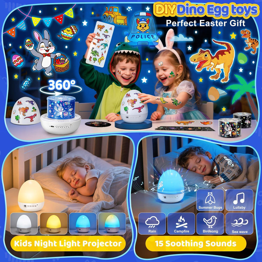 Lámpara Luz de huevo de dinosaurio para máquina de sonido de guardería | 15 sonidos para dormir+películas de 12HD+rotación de 360° | Regalos de dnio para niños, luz nocturna de huevo de dinosaurio de