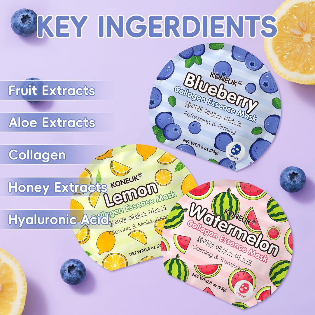 KONEUK Paquete de 36 mascarillas faciales de frutas coloridas, hidr...
