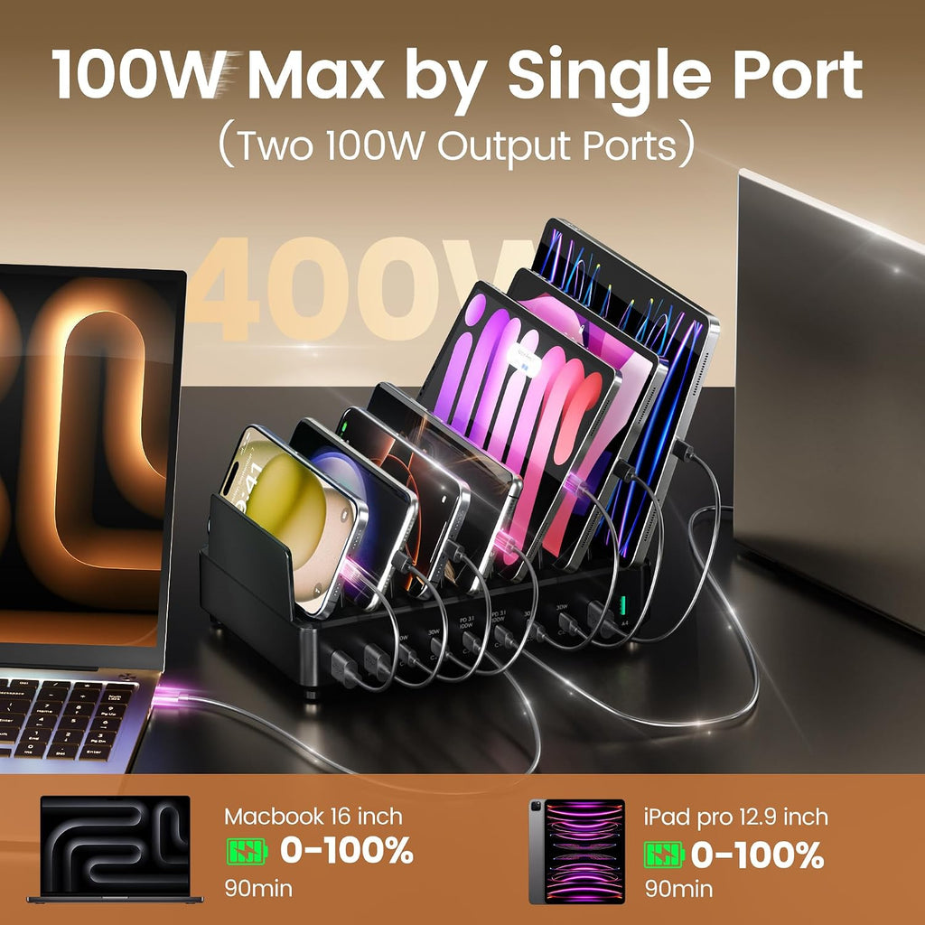 Estación de carga de 400 W para múltiples dispositivos, cargador USB C