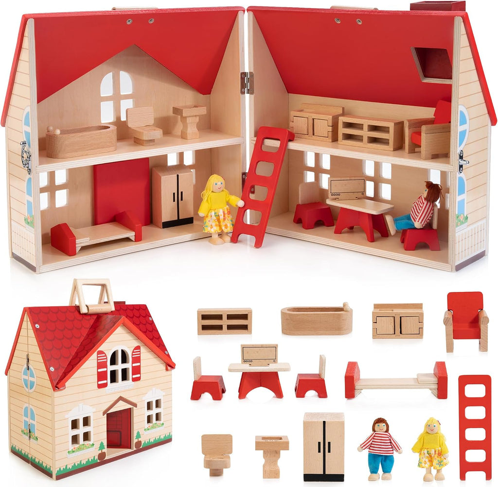 WOODMAM Casa de muñecas plegable de madera con muebles para juegos de