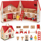 WOODMAM Casa de muñecas plegable de madera con muebles para juegos de